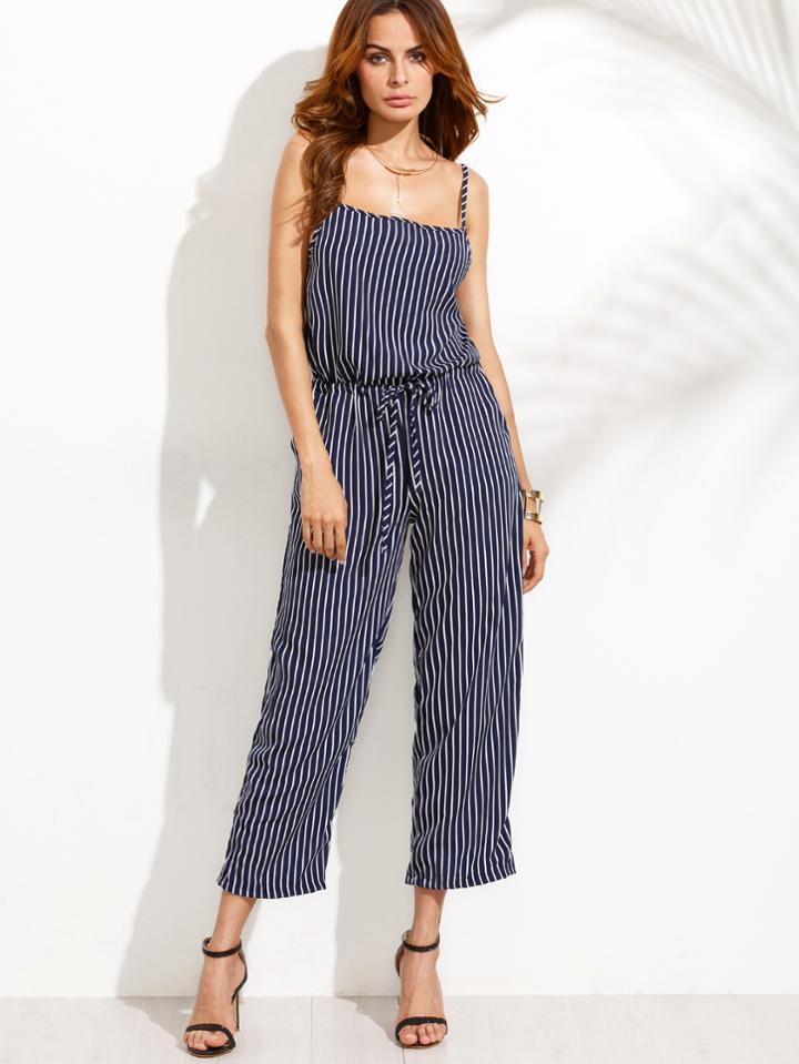 Romwe Navy Vertical Striped Spaghetti Strap Drawstring Jumpsuit