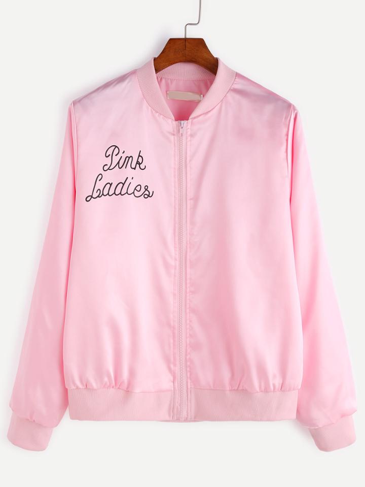 Romwe Pink Letter Print Ribbed Trim Jacket