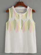 Romwe Ruffle Collar Leaves Embroidered Tank Top