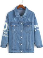 Romwe Blue Lapel Shark Print Denim Jacket