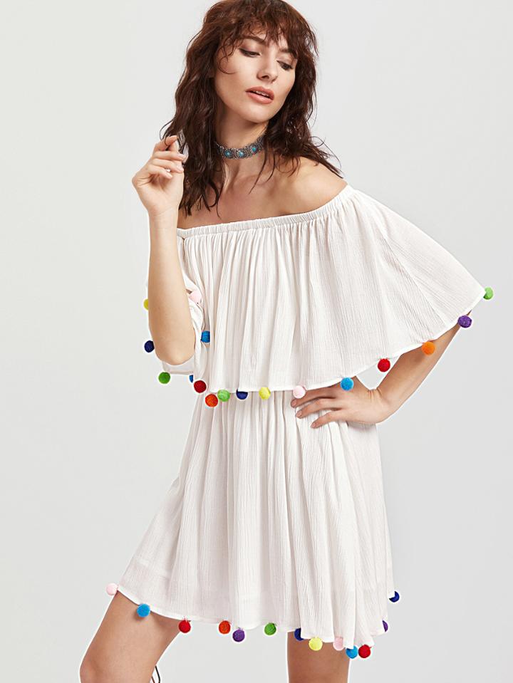 Romwe White Pom Pom Trim Off The Shoulder Ruffle Dress