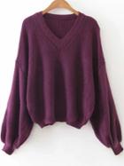 Romwe Purple V Neck Lantern Sleeve Sweater