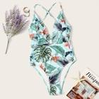 Romwe Random Tropical Lace-up Back One Piece Swimsuit