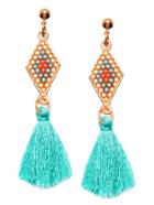 Romwe Turquoise Tassel Geometric Beaded Drop Earrings