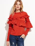 Romwe Orange Crew Neck Slit Sleeve Ruffle Top