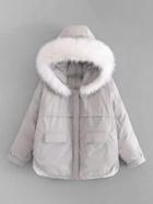 Romwe Faux Fur Hooded Oversized Padded Coat