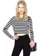 Romwe Striped Crop Black And White T-shirt