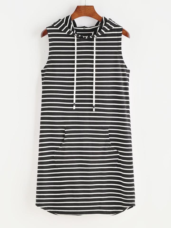 Romwe Black And White Striped Pocket Front Sleeveless Hoodie Dress