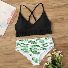 Romwe Ruffle Hem Top With Random Leaf Print Bikini