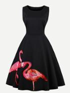 Romwe Flamingo Embroidered Swing Dress