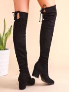 Romwe Black Point Toe Tie Back Side Zipper Thigh High Suede Boots