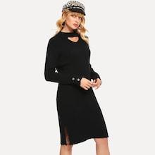 Romwe Choker Neck Split Side Rib Sweater Dress