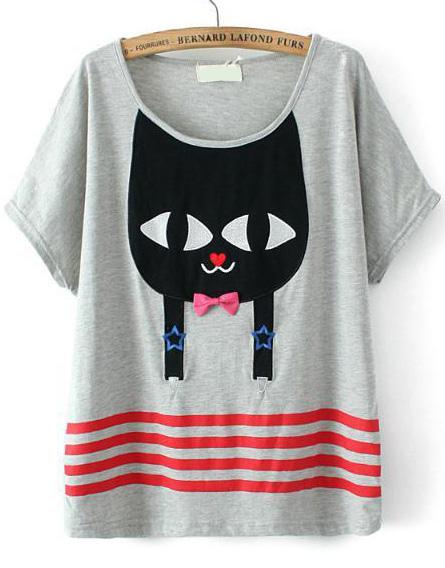 Romwe Striped Cat Embroidered Grey T-shirt