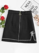 Romwe Zip Up Front Embroidery Skirt