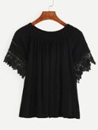 Romwe Black Crochet Trim Shirred Neck Top