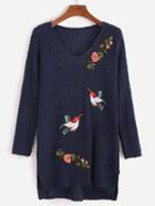Romwe Navy V Neck High Low Flower Birds Embroidery Sweater