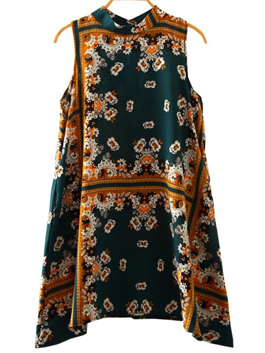 Romwe Green Vintage Print Mock Neck Swing Dress