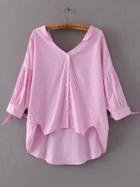 Romwe Pink Vertical Striped High Low Blouse