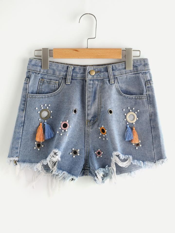Romwe Raw Cut Fray Hem Fringe Detail Denim Shorts