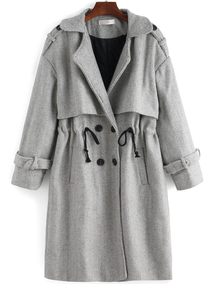 Romwe Lapel Drawstring Double Breasted Pockets Long Coat