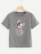 Romwe Puppy Patch Striped Tee