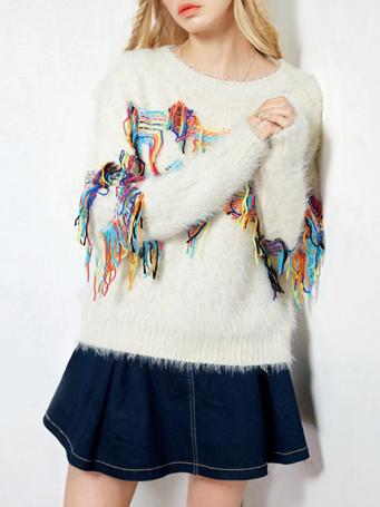 Romwe Long Sleeve Fuzzy Tassel White Sweater