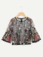 Romwe Floral Embroidered Pom Pom Trim Sheer Top