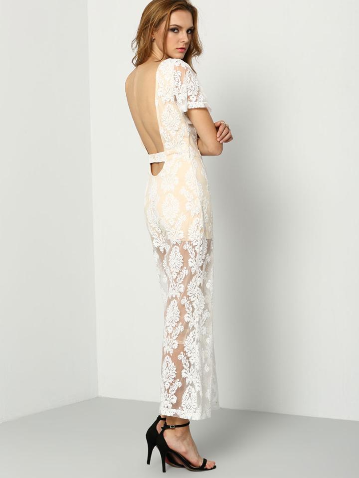 Romwe Open Back Short Sleeve Lace Jumpsuit