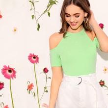 Romwe Cold Shoulder Fitted Halter Top