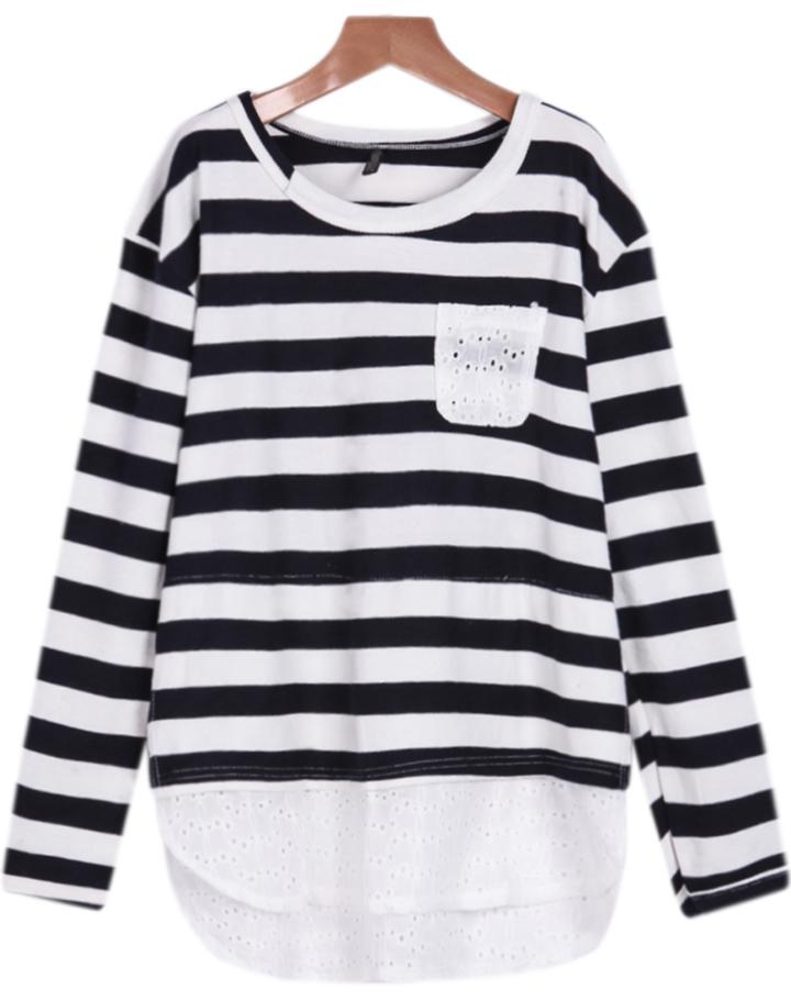 Romwe Black White Long Sleeve Striped Lace Blouse