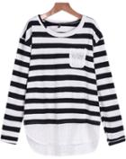 Romwe Black White Long Sleeve Striped Lace Blouse