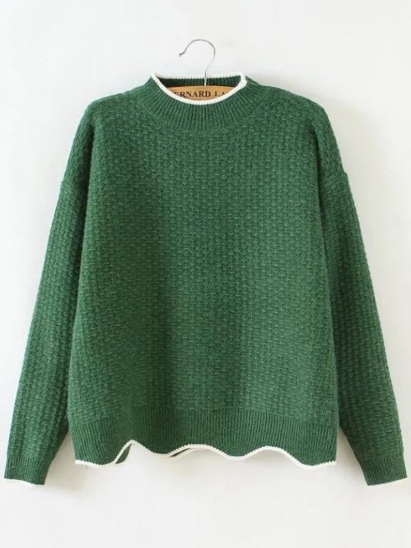 Romwe Green Contrast Trim Crew Neck Scalloped Hem Sweater