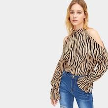Romwe Zebra Print Cold Shoulder Flounce Sleeve Blouse