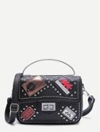 Romwe Patch And Studded Decorated Pu Shoulder Bag