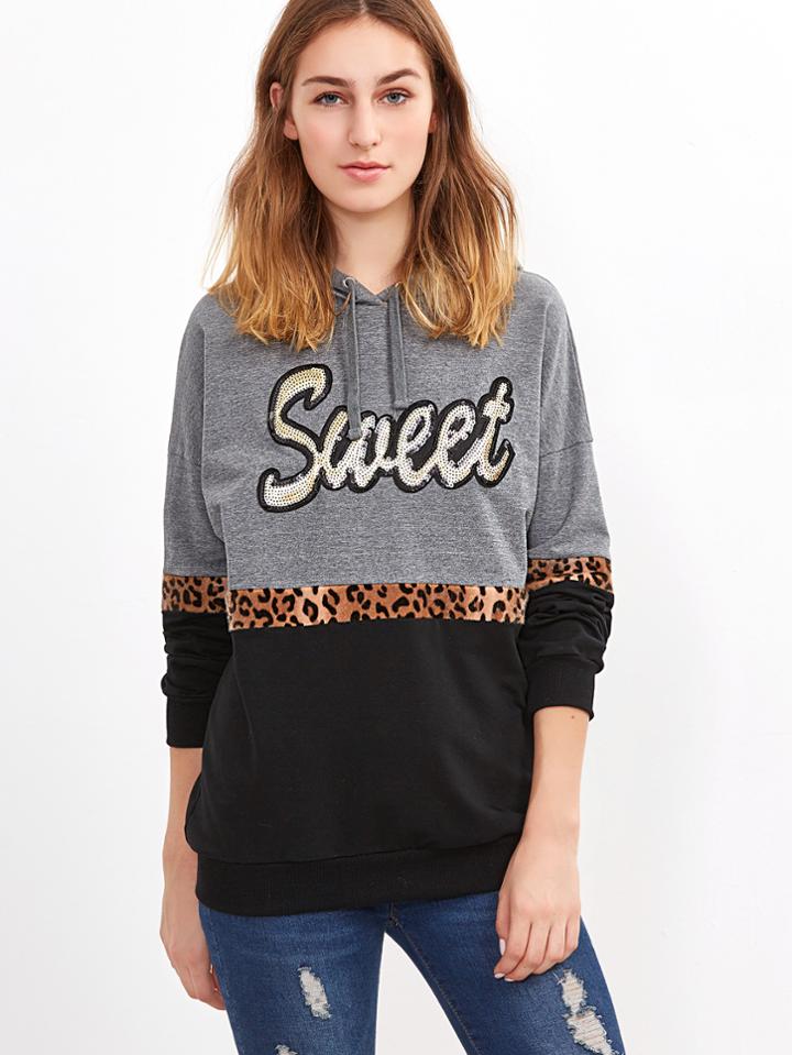 Romwe Color Block Sequin Letter Detail Hoodie