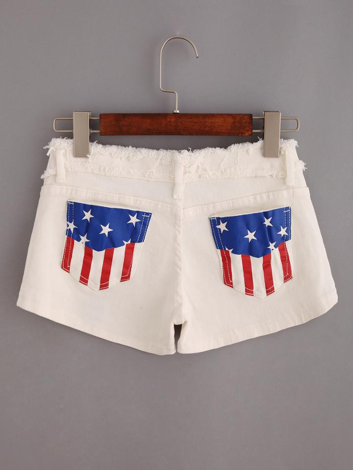 Romwe Raw Waist Stars And Stripes Print White Denim Shorts