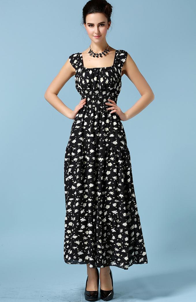 Romwe Strap Floral Chiffon Black Dress