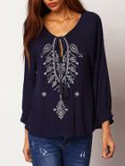 Romwe Tie-neck Embroidered Loose Blouse