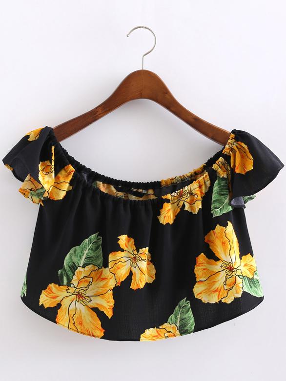 Romwe Multicolor Scoop Neck Flowers Print Crop Blouse