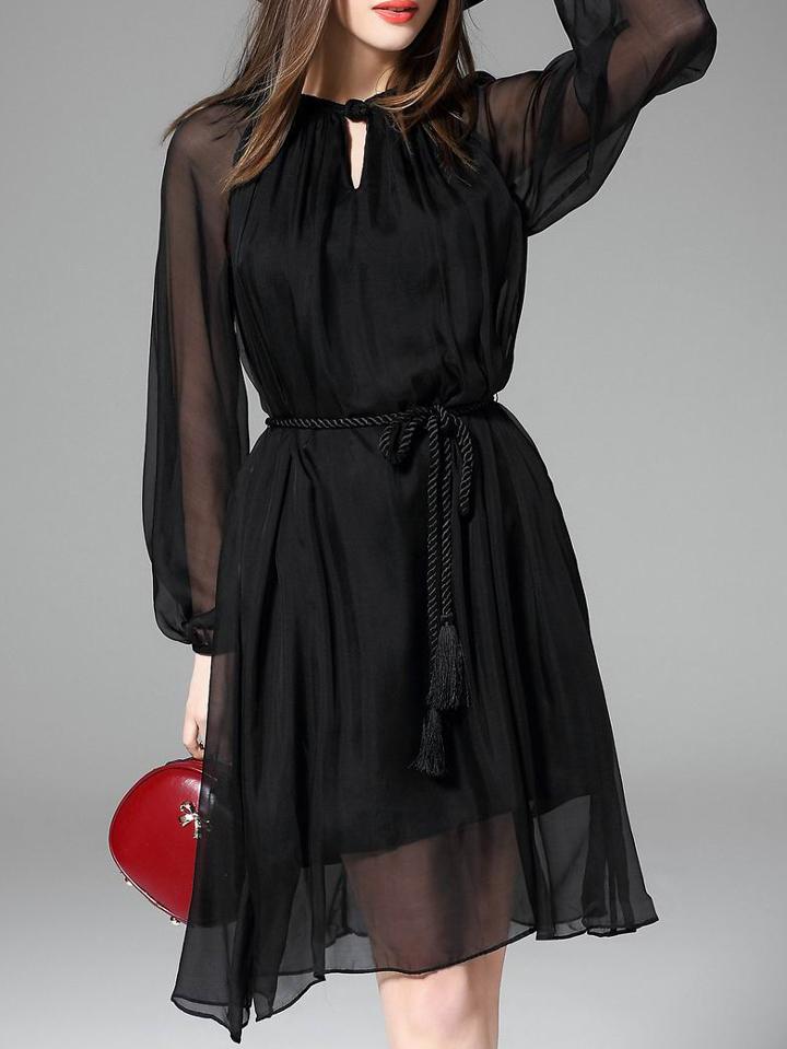 Romwe Black Sheer Tie-waist Chiffon Dress
