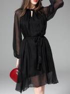 Romwe Black Sheer Tie-waist Chiffon Dress