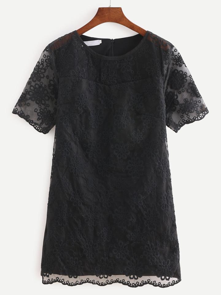 Romwe Flower Embroidered Mesh Shift Dress - Black