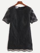 Romwe Flower Embroidered Mesh Shift Dress - Black