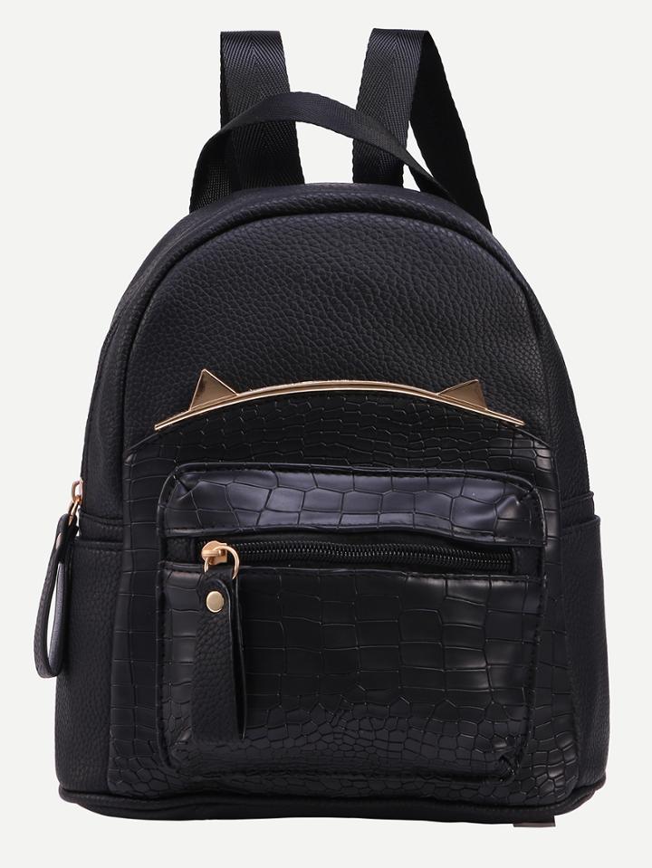Romwe Black Crocodile Embossed Metal Trim Backpack