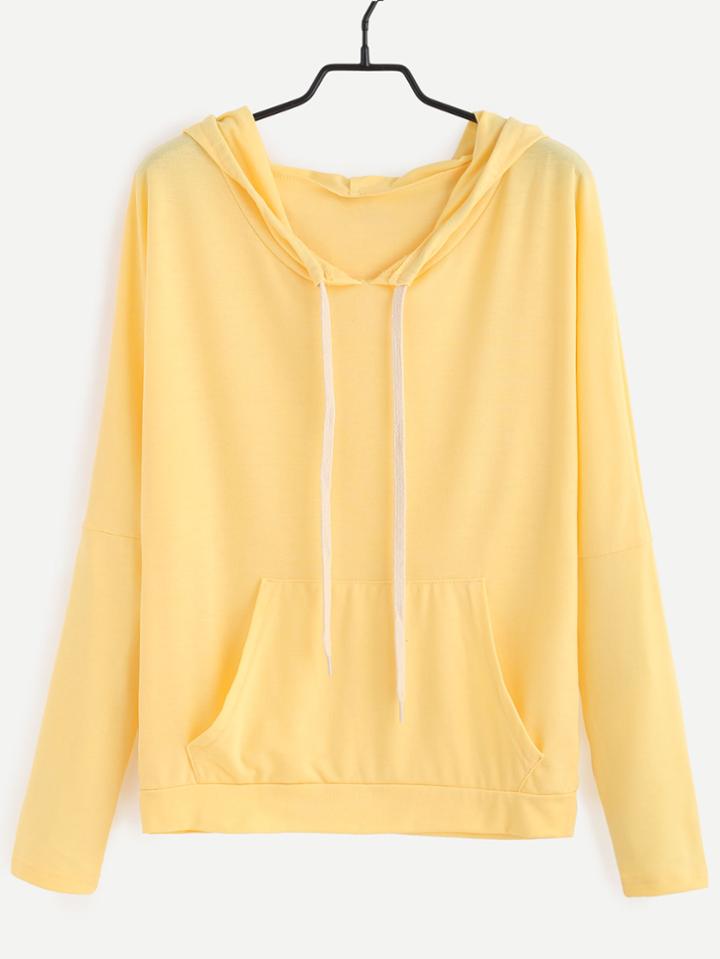 Romwe Yellow Drop Shoulder Drawstring Hooded Sweatshirt With Pocket