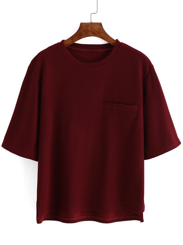 Romwe Ribbed Pocket Maroon T-shirt