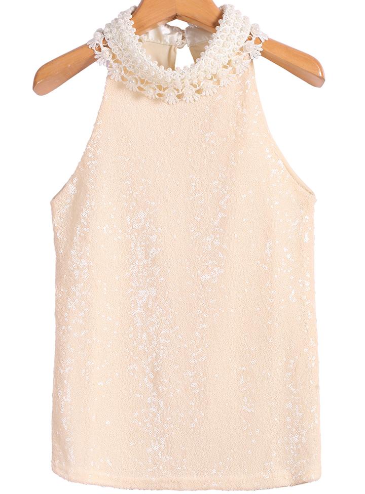 Romwe Apricot Sleeveless Bead Sequined Tank Top