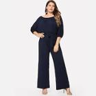 Romwe Plus Scoop Neck Solid Jumpsuit