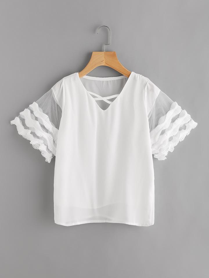 Romwe Mesh Insert Cross Front Top