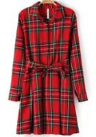 Romwe Check Print Tie-waist Red Dress